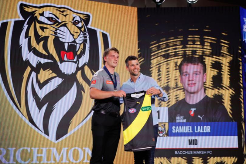 Sam Lalor was presented his jumper by Trent Cotchin.