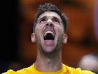 High emotion from Thanasi Kokkinakis after winning his Davis Cup rubber against Ben Shelton. (AP PHOTO)