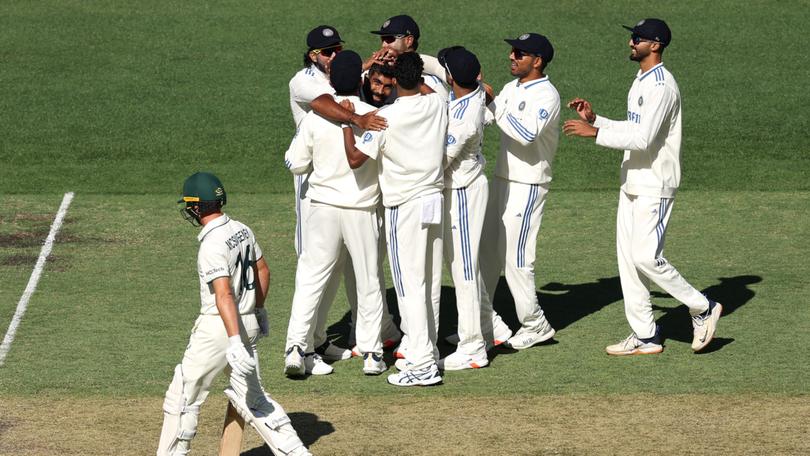 Jasprit Bumrah celebrates the wicket of Nathan McSweeney.