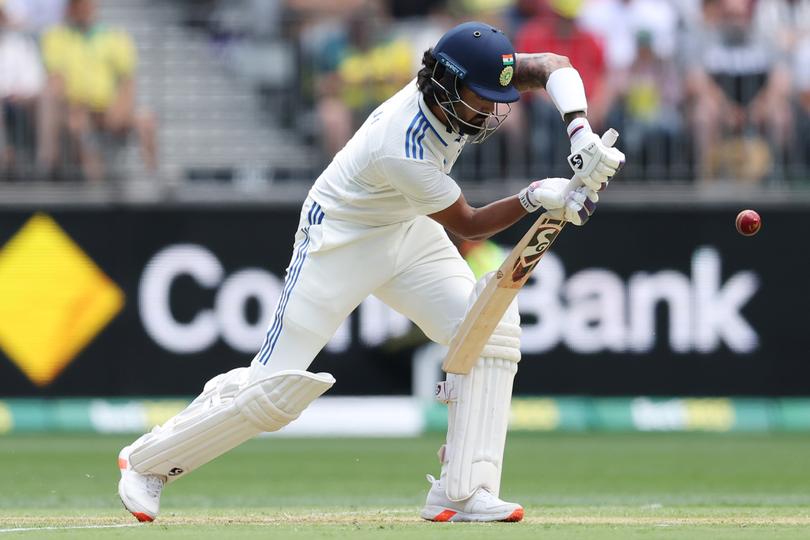 PERTH, AUSTRALIA - NOVEMBER 22: KL Rahul of India bats during day one of the First Test match in the series between Australia and India at Perth Stadium on November 22, 2024 in Perth, Australia. (Photo by Robert Cianflone/Getty Images)