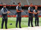 Steve Smith, Mitchell Starc, Josh Hazlewood and Nathan McSweeney before play.