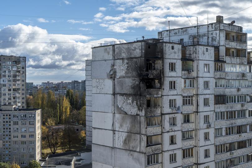 Damage to a residential building in Kyiv, Ukraine, after a Russian drone attack.