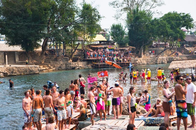 Vang Vieng, located on the Nam Song river, is a popular riverside party location in Laos. 