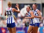 Kangaroos Kate Shierlaw, Vikki Wall and Tahlia Randall celebrate a goal in the win over Port. (Morgan Hancock/AAP PHOTOS)