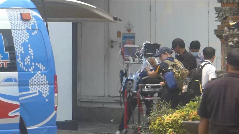 Joshua Schuetz on his journey home to Perth from Bali. Below: Joshua in hospital, and as a healthy boy playing sport. Main picture: 7 NEWS