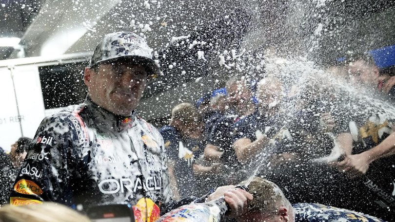 Red Bull's Max Verstappen celebrates winning the Formula 1 championship in Las Vegas.