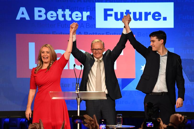 SYDNEY, AUSTRALIA - MAY 21: Labor Leader Anthony Albanese, his partner Jodie Haydon and his son Nathan Albanese celebrate victory during the Labor Party election night event at Canterbury-Hurlstone Park RSL Club on May 21, 2022 in Sydney, Australia. Labor leader Anthony Albanese has claimed victory over Liberal Prime Minister Scott Morrison to become Australia's 31st Prime Minister. (Photo by James D. Morgan/Getty Images)