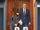 Minister for Communications Michelle Rowland and Prime Minister Anthony Albanese arrive at a press conference at Parliament House in Canberra, Thursday, November 7, 2024. (AAP Image/Mick Tsikas) NO ARCHIVING