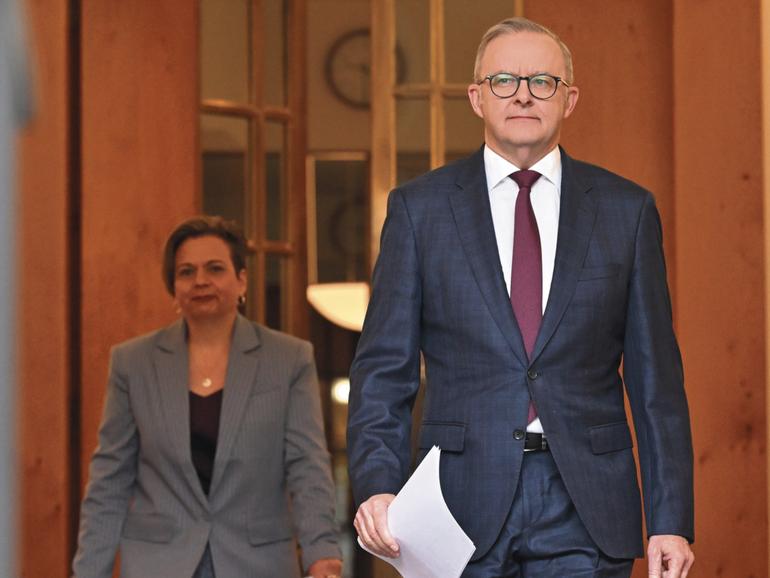 Minister for Communications Michelle Rowland and Prime Minister Anthony Albanese.