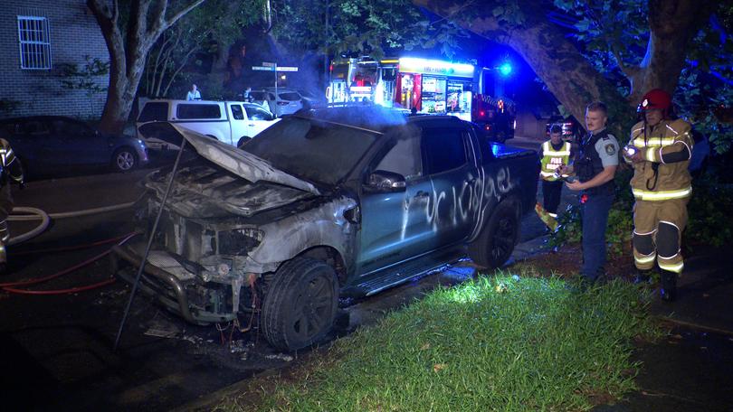 This car was destroyed after being set alight. Below, cars and Chiswick restaurant, owned by Matt Moran, inset, were targeted.