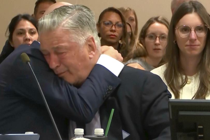 An emotional Alec Baldwin reacts to news his manslaughter charges were being dropped. (Pool Video via AP)