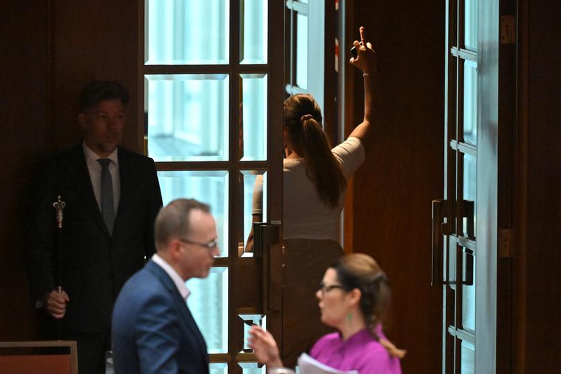 Independent Senator Lidia Thorpe walks out after throwing papers at One Nation leader Pauline Hanson in the Senate chamber. (AAP Image/Mick Tsikas)