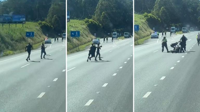 A truck driver has captured footage of a dramatic arrest of a woman holding a machete on a highway.