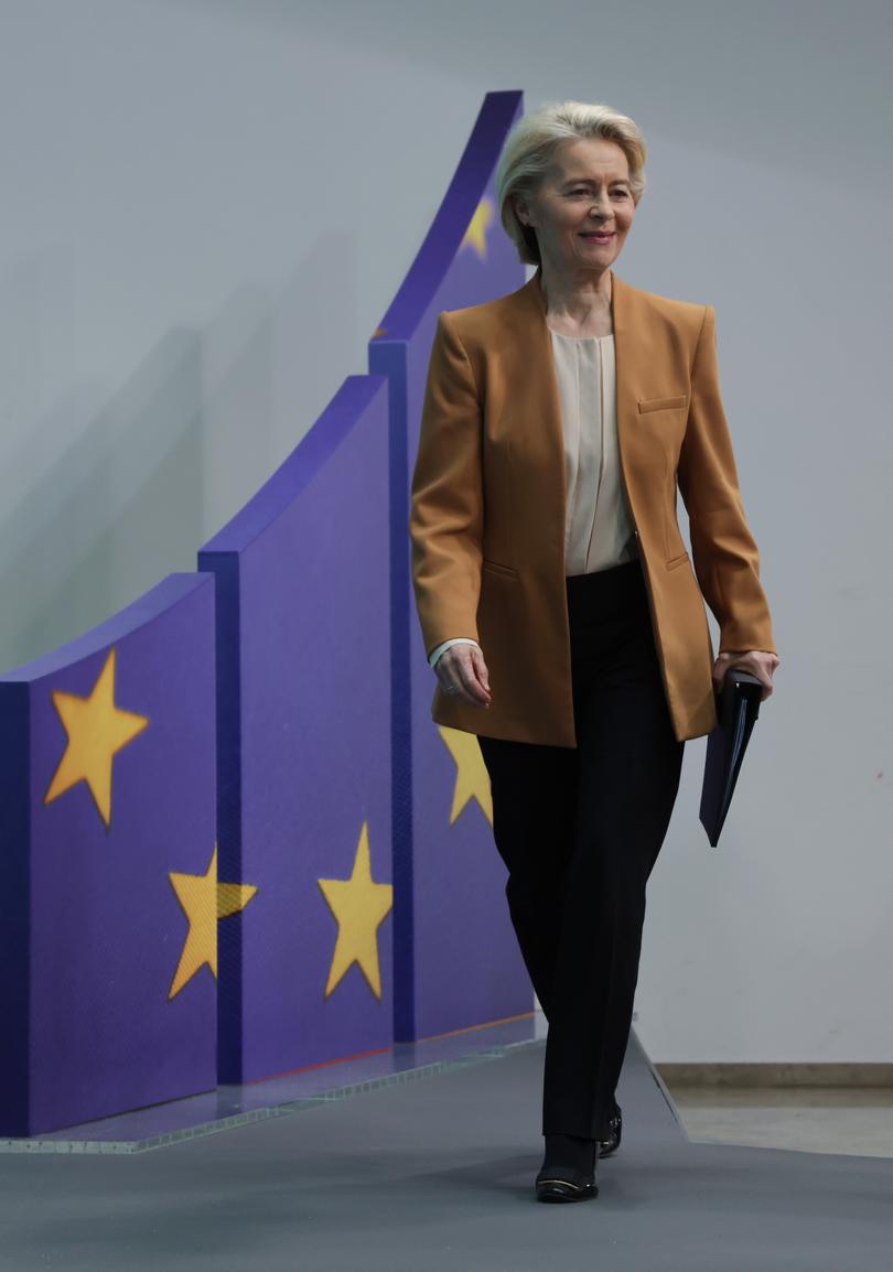 BERLIN, GERMANY - FEBRUARY 19: Ursula von der Leyen, President of the European Commission and member of the German Christian Democrats (CDU), arrives to speak to the media at CDU headquarters after the CDU nominated her for a second term on February 19, 2024 in Berlin, Germany. Von der Leyen will also very likely be confirmed as candidate for a second term at an upcoming congress of the European People's Party (EPP) in Bucharest im March. The European Union is scheduled to hold parliamentary elections in June. (Photo by Sean Gallup/Getty Images)