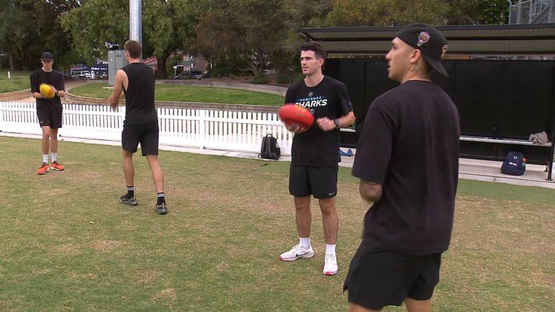 Fremantle Dockers players Shai Bolton and Andrew Brayshaw training in Melbourne.