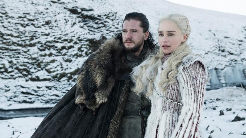 Kit Harington as Jon Snow and Emilia Clarke as Daenerys Targaryen.