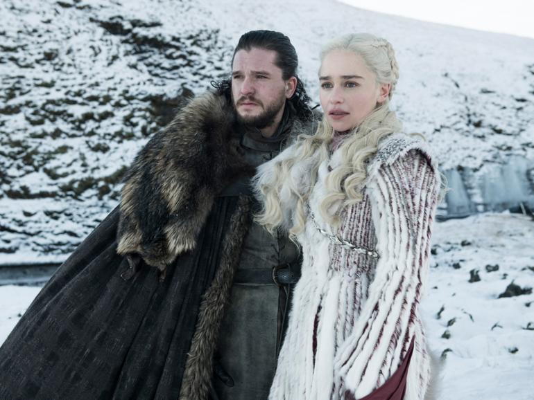 Kit Harington as Jon Snow and Emilia Clarke as Daenerys Targaryen.