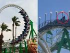 A man has been captured climbing from a moving rollercoaster after discovering his lap bar was faulty.