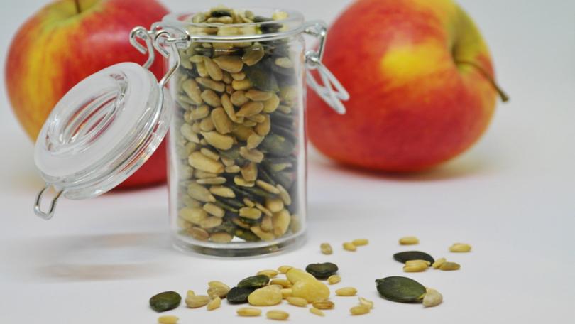 apple, sunflower seeds, pumpkin seeds