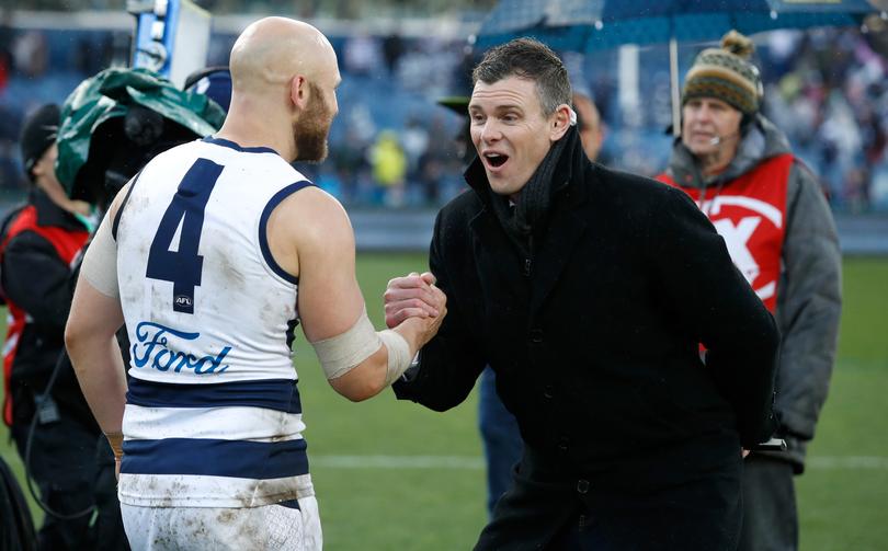 Gary Ablett with former Cats teammate Cameron Mooney in 2018.