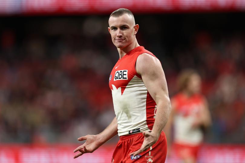 SYDNEY, AUSTRALIA - JUNE 22: Chad Warner of the Swans celebrates kicking a goal during the round 15 AFL match between Greater Western Sydney Giants and Sydney Swans at ENGIE Stadium, on June 22, 2024, in Sydney, Australia. (Photo by Cameron Spencer/Getty Images)