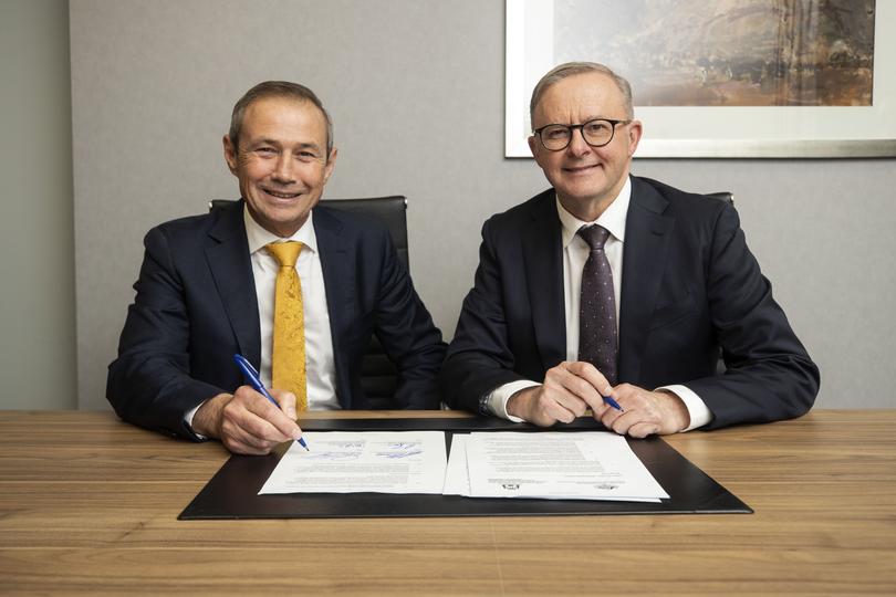 Prime Minster Anthony Albanese and WA Premier Roger Cook sign a 3 billion dollar deal for WA in the rewriting the nation program. Also pictured are ministers Bill Johnston and Chris Bowen. 