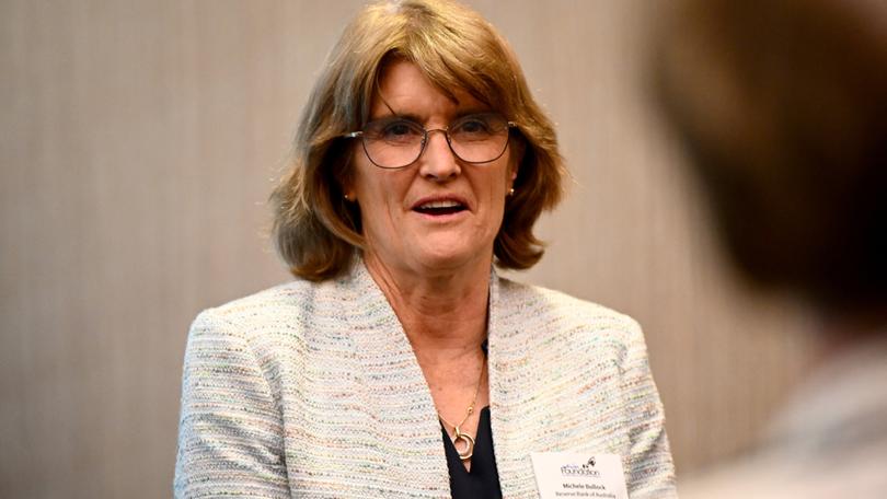 Reserve Bank of Australia (RBA) Governor Michele Bullock is seen following her speech on the costs of high inflation, at the Anika Foundation luncheon in Sydney, Thursday, September 5, 2024. (AAP Image/Bianca De Marchi) NO ARCHIVING