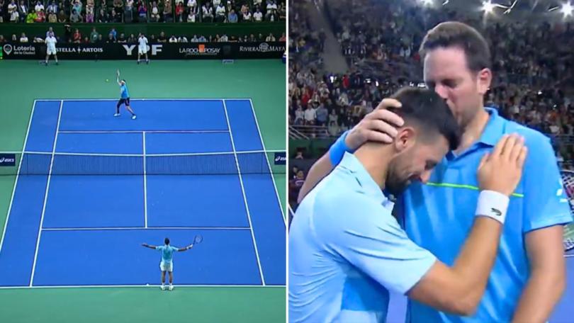 Novak Djokovic and Juan Martin del Potro embrace after the match.