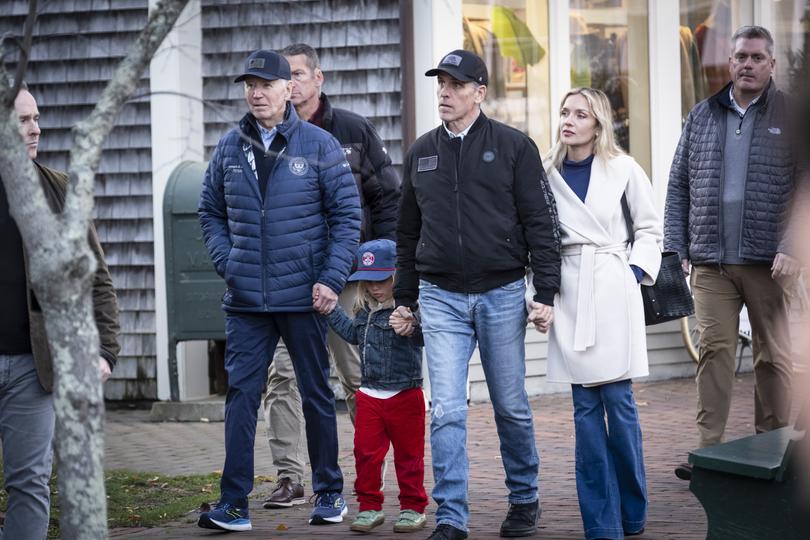 President Joe Biden walks with his son Hunter and his family through Nantucket, Mass., Nov. 29, 2024. 