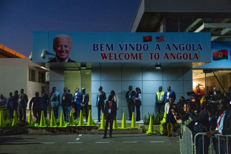 A sign welcomes President Joe Biden to Angola at Quatro de Fevereiro Luanda International Airport in Luanda, Angola, on Monday, Dec. 2, 2024. 