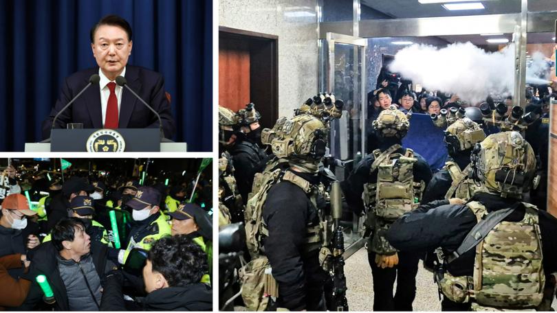 Shocking photos have emerged of military clashing with law makers after martial law was declared in South Korea.