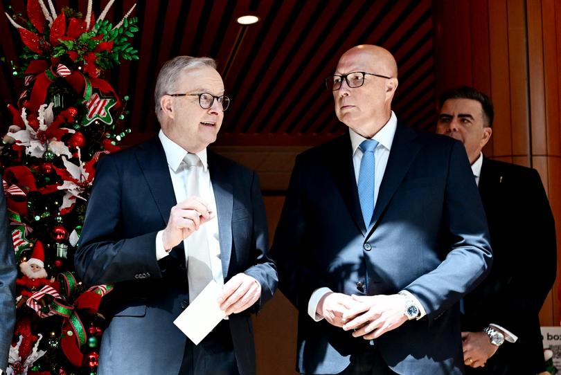 Australia's Prime Minister Anthony Albanese (L) talks with Australia's Opposition Leader Peter Dutton at the Wishing Tree at Parliament House in Canberra on November 6, 2024. (Photo by TRACEY NEARMY / AFP)