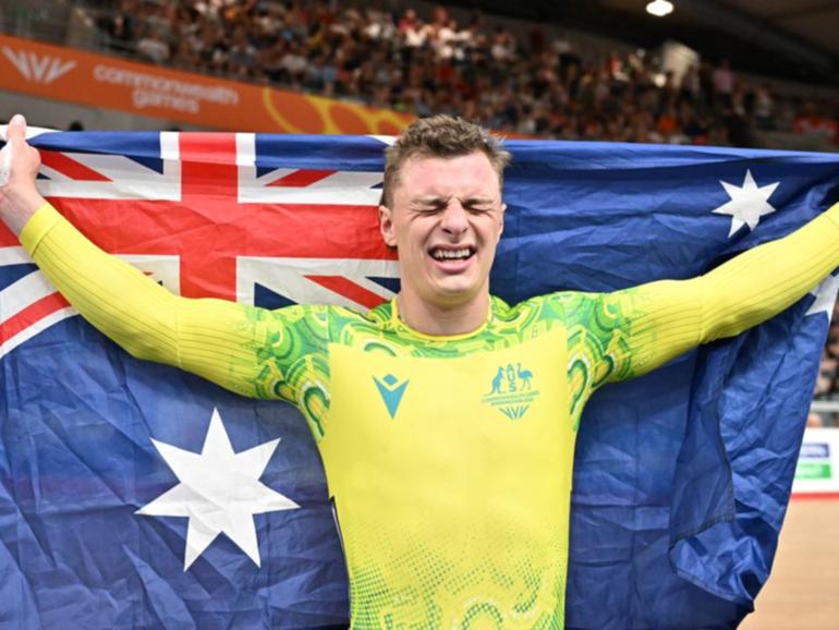 Matthew Richardson, emotional after his 2022 Commonwealth sprint win, will now race there for GB. (Will Palmer/AAP PHOTOS)