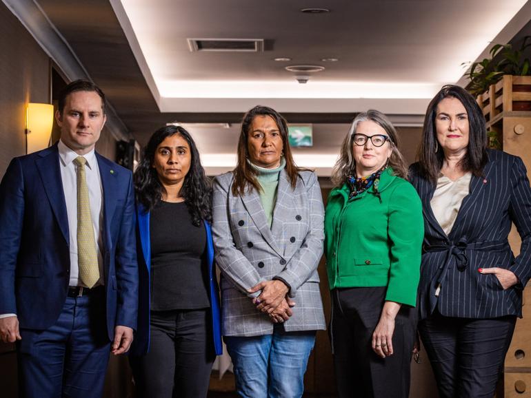 Regulatory Framework in Relation to Financial Abuse public hearing at the Mercure Hotel. Parliamentary enquiry committee members Alex Hawke, Zaneta Mascarenhas, lived experience hearing witness Shanane Hogg, committee member Louise Pratt and chair Deborah O'Neill.