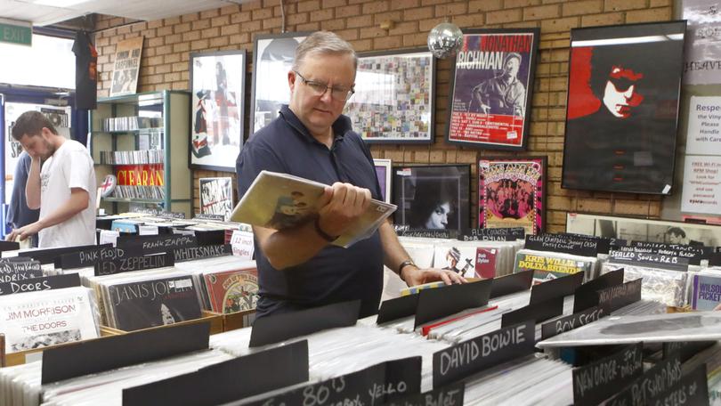 Anthony Albanese at RPM Records in Marrickville, Sydney, in 2018.