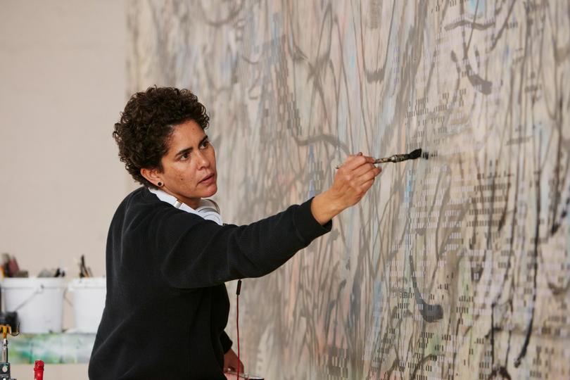 Julie Mehretu working on HOWL, EON (I, II) 