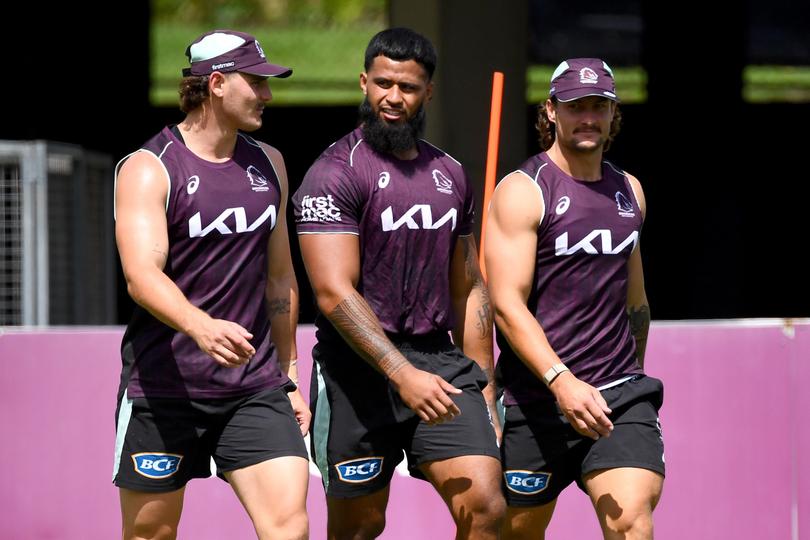 Payne Haas (centre) during preseason training this week.