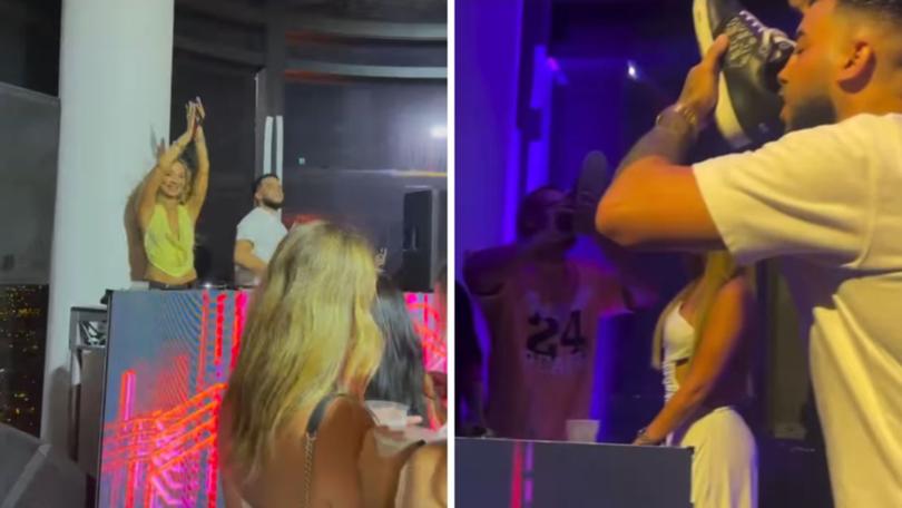 Portelli was seen partying with DJ Havana Brown who performed at the event (left) as well as doing a shoey (right).