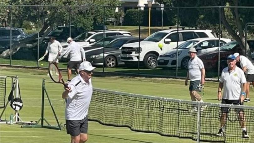 Prime Minister Anthony Albanese playing tennis at the Cottesloe Tennis Club on Saturday. Picture: Unknown