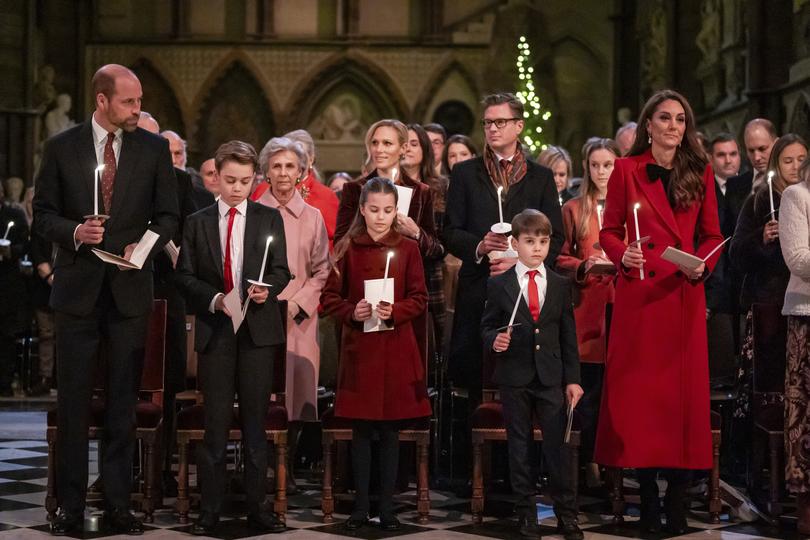 William, The Prince of Wales, from left, Prince George, Princess Charlotte, Prince Louis and Kate, the Princess of Wales, during the Together At Christmas carol service at Westminster Abbey.