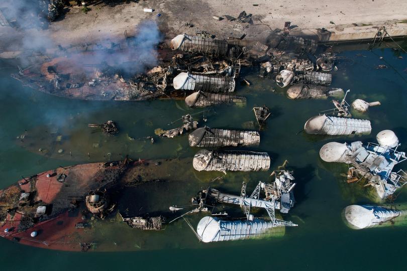 An aerial photo shows Syrian naval ships destroyed during an overnight Israeli attack on the port city of Latakia.