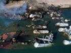 An aerial photo shows Syrian naval ships destroyed during an overnight Israeli attack on the port city of Latakia on December 10, 2024