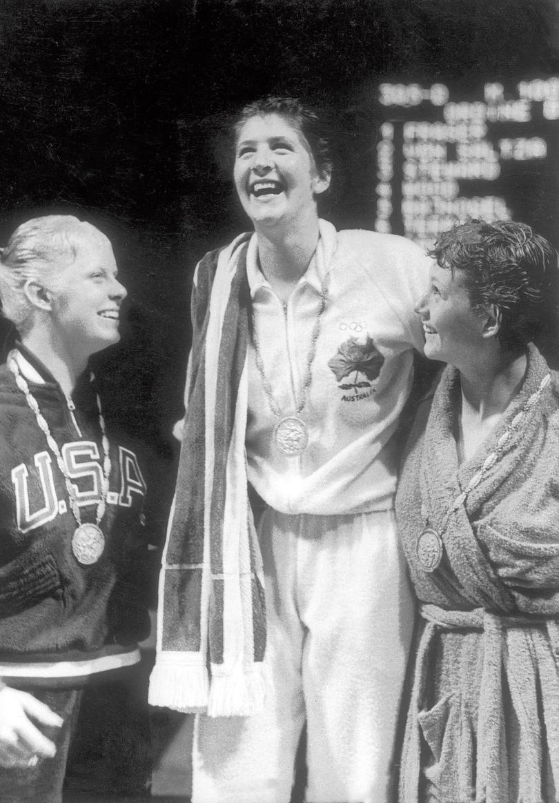 Dawn Fraser on the podium after winning gold in the 100m freestyle at the Rome Olympics in 1960.