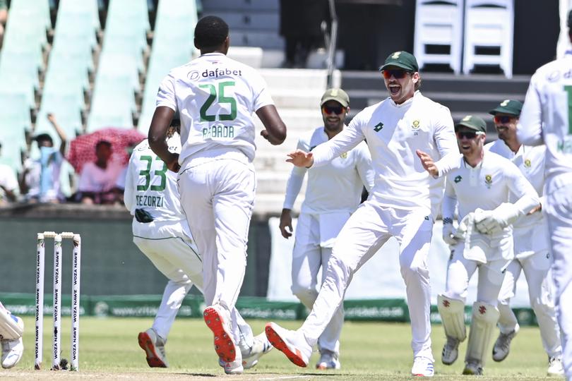 Kagiso Rabada celebrates the wicket of Dimuth Karunarathna of Sri Lanka with Tristan Stubbs last month.