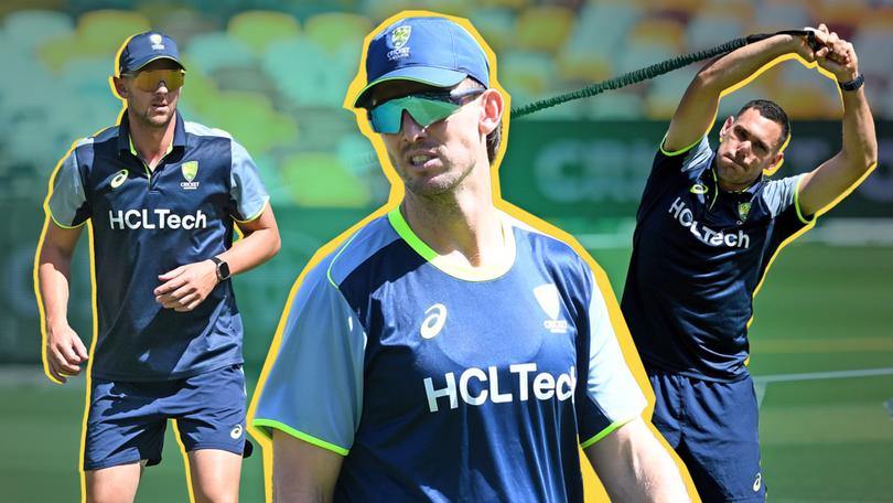 Josh Hazlewood, Mtch Marsh and Scott Boland on Thursday.