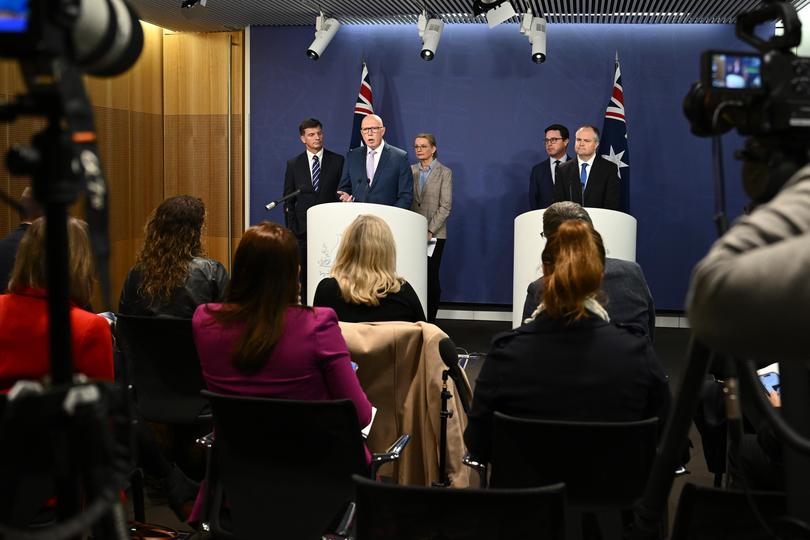 (L-R) Shadow Treasurer Angus Taylor, Opposition Leader Peter Dutton, Deputy Leader of the Opposition Sussan Ley, Leader of the National Party David Littleproud, and Shadow Minister for Climate Change and Energy Ted O’Brien unveil details of proposed nuclear energy plan.