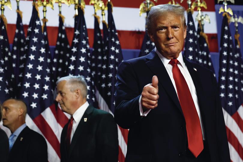 Republican presidential nominee, former U.S. President Donald Trump arrives to speak during an election night event at the Palm Beach Convention Center on November 06, 2024 in West Palm Beach, Florida. 