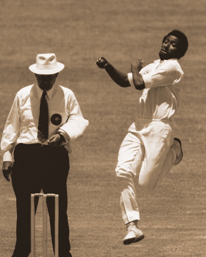 Andy Roberts in full flight circa 1975 in the Second Test against Australia at the WACA.