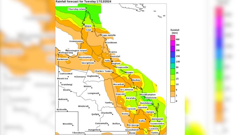 A map showing rainfall totals from Monday night across Queensland.