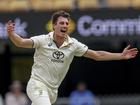 Australia's captain Pat Cummins celebrates the wicket of India's Nitish Kumar Reddy.